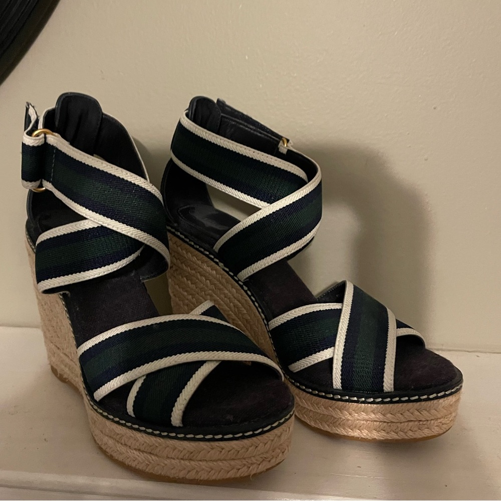 TORY BURCH FRIEDA 100MM ESPADRILLE WEDGES SIZE 5 NWT - IVORY/NAVY/BANYAN GREEN